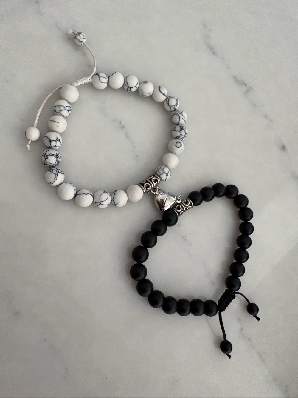 Pair of Beaded Stretch Bracelets in White Marble & Black